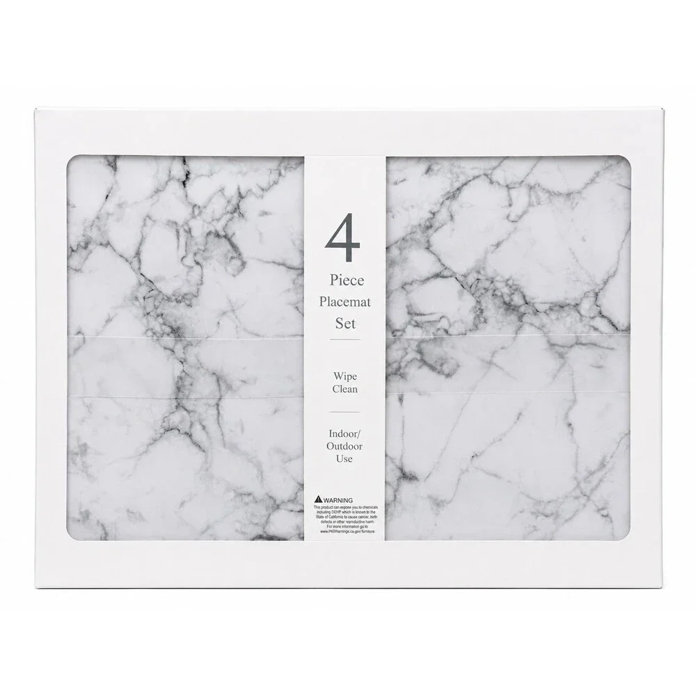 Popular Home Marble Look Placemats Set of 4 White Vinyl Foam Backed 12x18